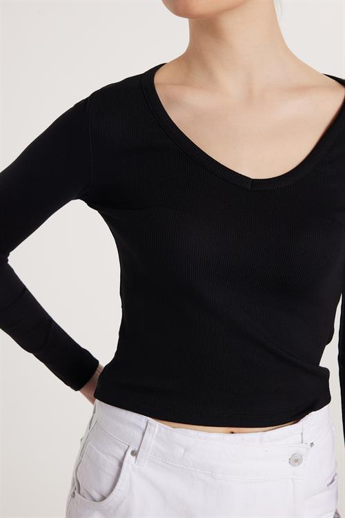 Kadın Modal Kumaş Slim Fit Pamuklu Düz V Yaka Siyah Bluz