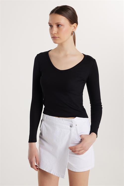 Kadın Modal Kumaş Slim Fit Pamuklu Düz V Yaka Siyah Bluz