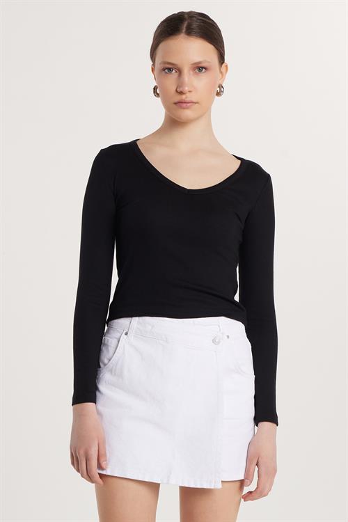 Kadın Modal Kumaş Slim Fit Pamuklu Düz V Yaka Siyah Bluz