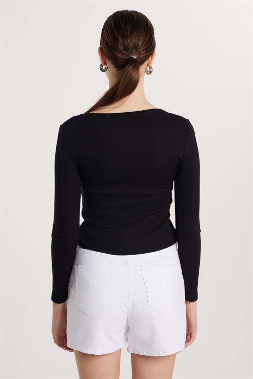 Kadın Modal Kumaş Slim Fit Pamuklu Düz V Yaka Siyah Bluz
