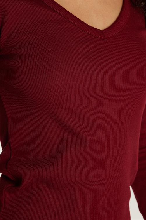 Kadın Modal Kumaş Slim Fit Pamuklu Düz V Yaka Bordo Bluz