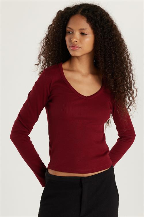 Kadın Modal Kumaş Slim Fit Pamuklu Düz V Yaka Bordo Bluz