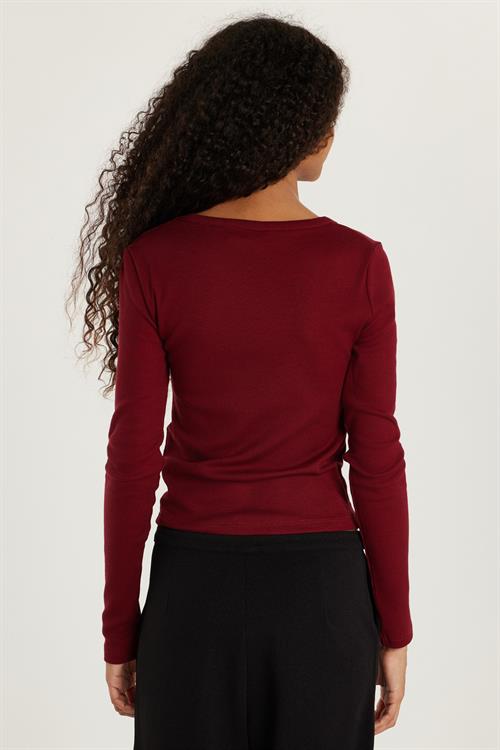 Kadın Modal Kumaş Slim Fit Pamuklu Düz V Yaka Bordo Bluz