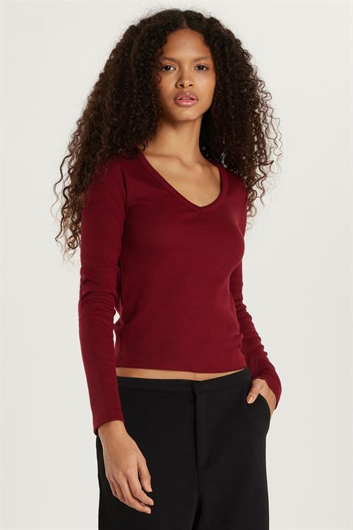Kadın Modal Kumaş Slim Fit Pamuklu Düz V Yaka Bordo Bluz