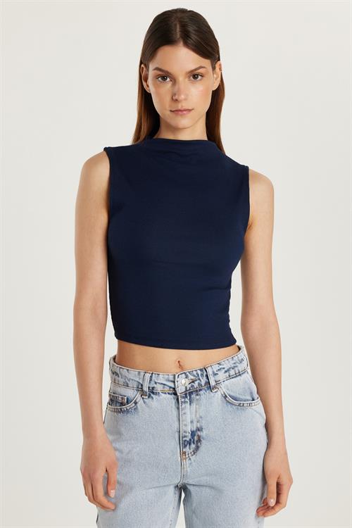 Kadın Slim Fit Dar Kesim Sıfır Kol Fitilli Modal Kumaş Lacivert Bluz