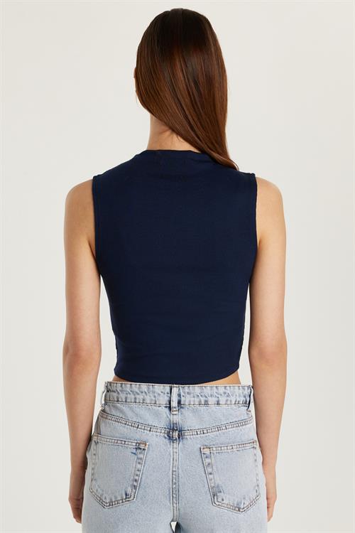 Kadın Slim Fit Dar Kesim Sıfır Kol Fitilli Modal Kumaş Lacivert Bluz