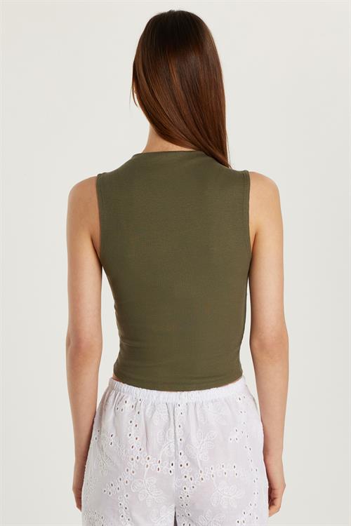Kadın Slim Fit Dar Kesim Sıfır Kol Fitilli Modal Kumaş Haki Bluz