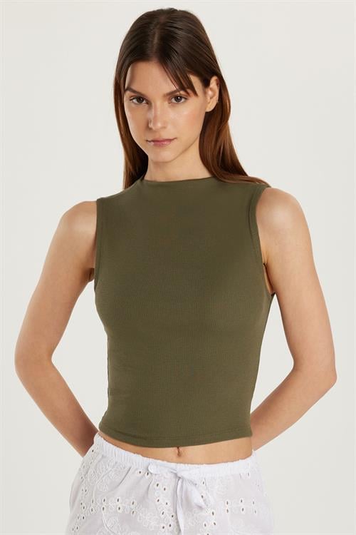 Kadın Slim Fit Dar Kesim Sıfır Kol Fitilli Modal Kumaş Haki Bluz