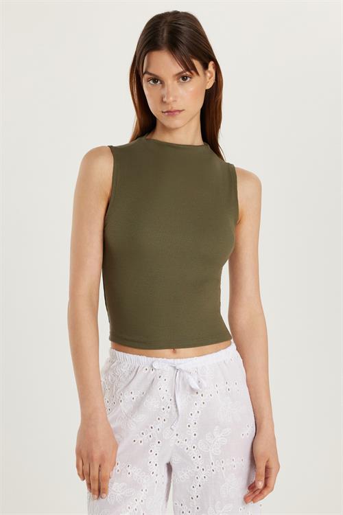 Kadın Slim Fit Dar Kesim Sıfır Kol Fitilli Modal Kumaş Haki Bluz