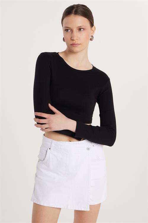 Kadın Slim Fit Modal Kumaş Pamuklu Bisiklet Yaka Siyah Bluz