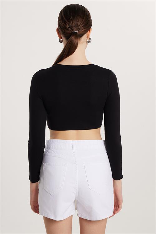 Kadın Slim Fit Modal Kumaş Pamuklu Bisiklet Yaka Siyah Bluz