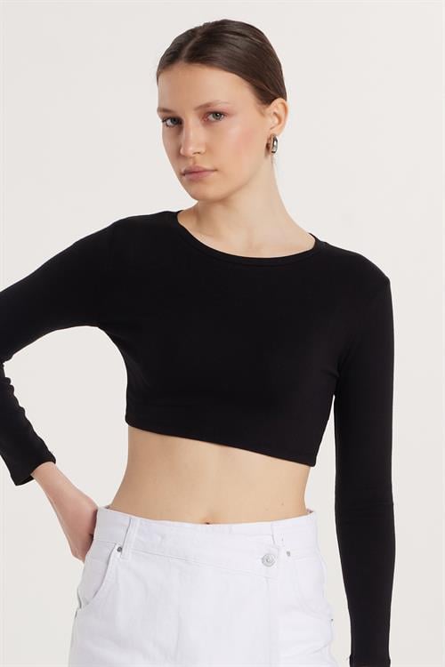 Kadın Slim Fit Modal Kumaş Pamuklu Bisiklet Yaka Siyah Bluz