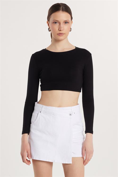 Kadın Slim Fit Modal Kumaş Pamuklu Bisiklet Yaka Siyah Bluz