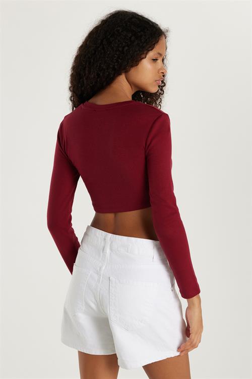 Kadın Slim Fit Modal Kumaş Pamuklu Bisiklet Yaka Bordo Bluz