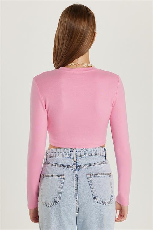 Kadın Slim Fit Modal Kumaş Pamuklu Bisiklet Yaka Pembe Bluz