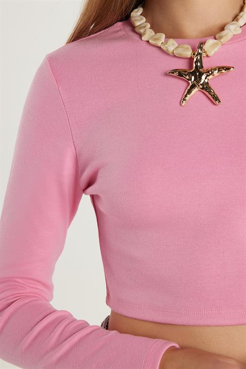 Kadın Slim Fit Modal Kumaş Pamuklu Bisiklet Yaka Pembe Bluz