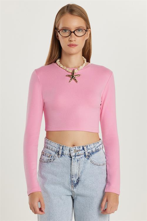 Kadın Slim Fit Modal Kumaş Pamuklu Bisiklet Yaka Pembe Bluz