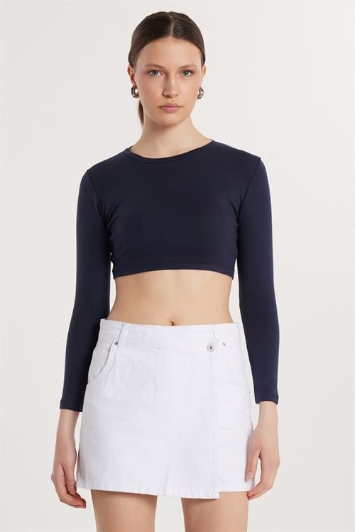 Kadın Slim Fit Modal Kumaş Pamuklu Bisiklet Yaka Lacivert Bluz