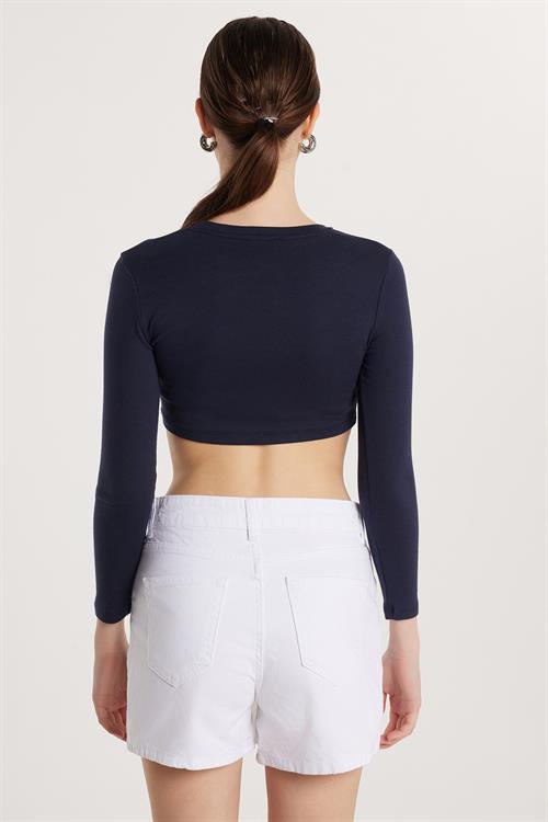Kadın Slim Fit Modal Kumaş Pamuklu Bisiklet Yaka Lacivert Bluz