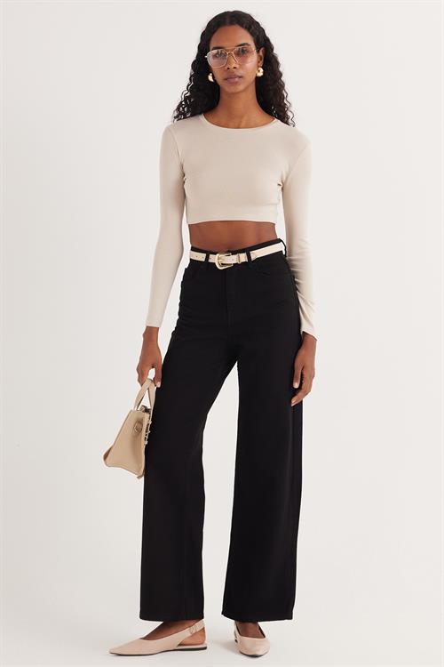 Kadın Slim Fit Modal Kumaş Pamuklu Bisiklet Yaka Taş Bluz
