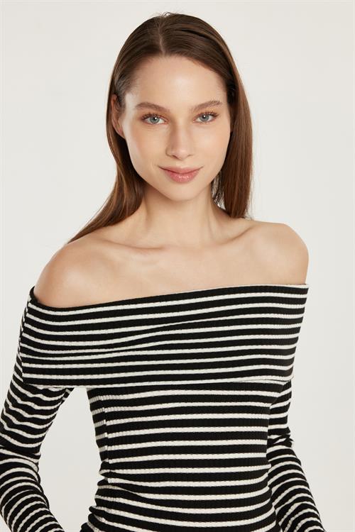 Kadın Slim Fit Dar Kesim Fitilli Straplez Çizgili Bluz