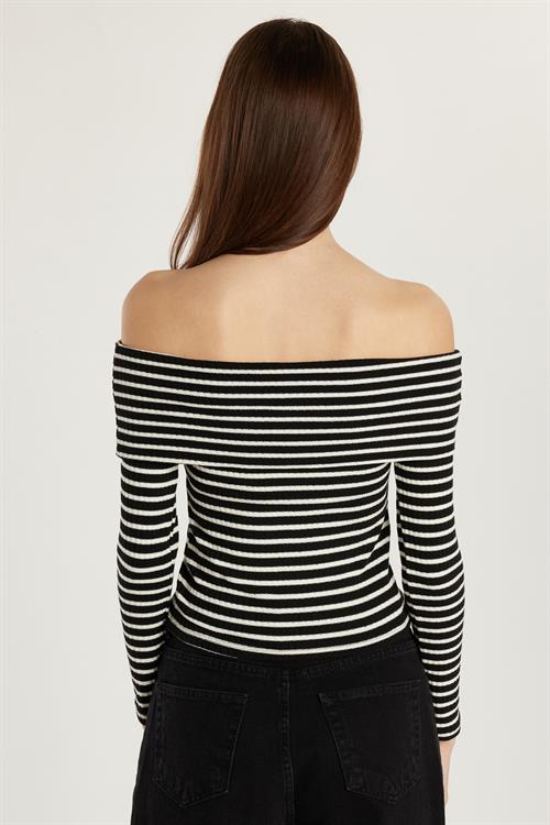 Kadın Slim Fit Dar Kesim Fitilli Straplez Çizgili Bluz