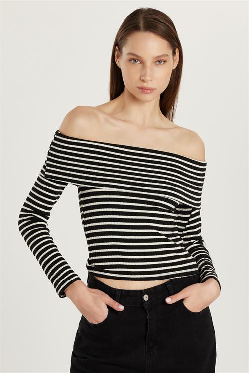 Kadın Slim Fit Dar Kesim Fitilli Straplez Çizgili Bluz