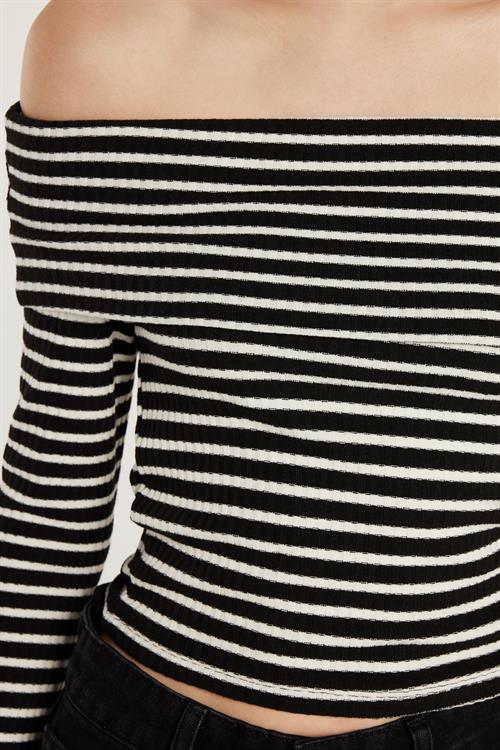 Kadın Slim Fit Dar Kesim Fitilli Straplez Çizgili Bluz