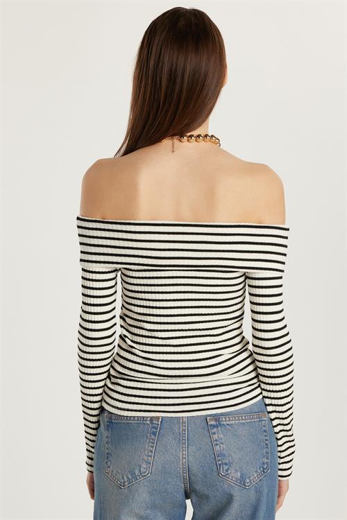 Kadın Slim Fit Dar Kesim Fitilli Straplez Çizgili Bluz