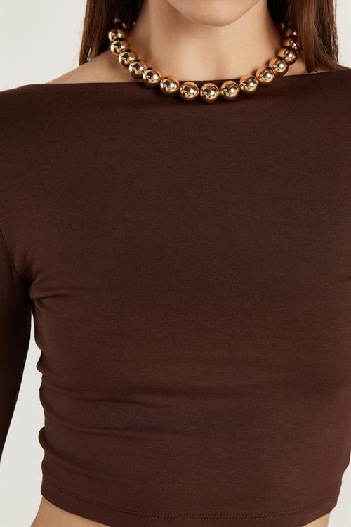 Kadın Slim Fit Dar Kesim Bisiklet Yaka Sırt Detaylı Kahverengi Bluz