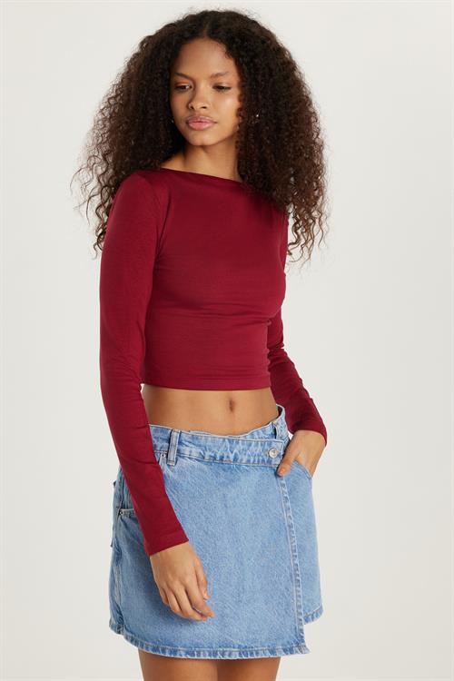 Kadın Slim Fit Dar Kesim Bisiklet Yaka Sırt Detaylı Bordo Bluz