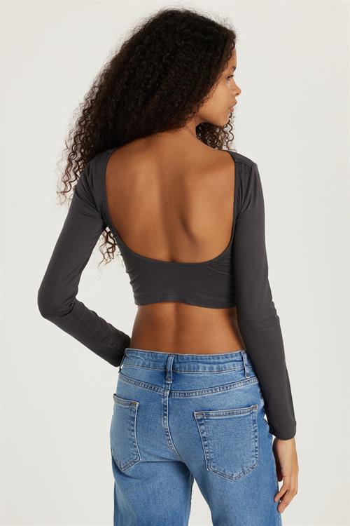 Kadın Slim Fit Dar Kesim Bisiklet Yaka Sırt Detaylı Antrasit Bluz