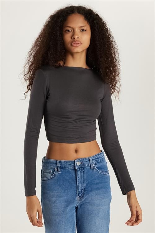 Kadın Slim Fit Dar Kesim Bisiklet Yaka Sırt Detaylı Antrasit Bluz