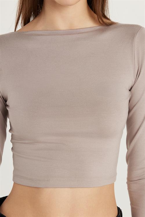 Kadın Slim Fit Dar Kesim Bisiklet Yaka Sırt Detaylı Vizon Bluz