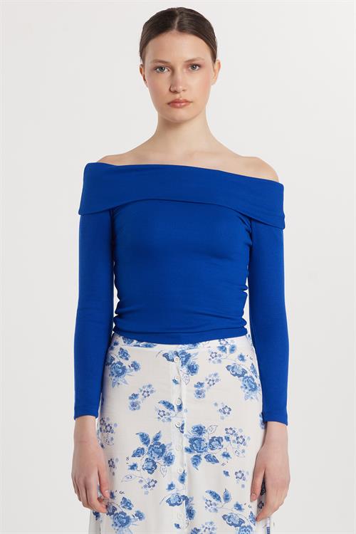 Kadın Slim Fit Modal Kumaş Düz Pamuklu Straplez Mavi Bluz