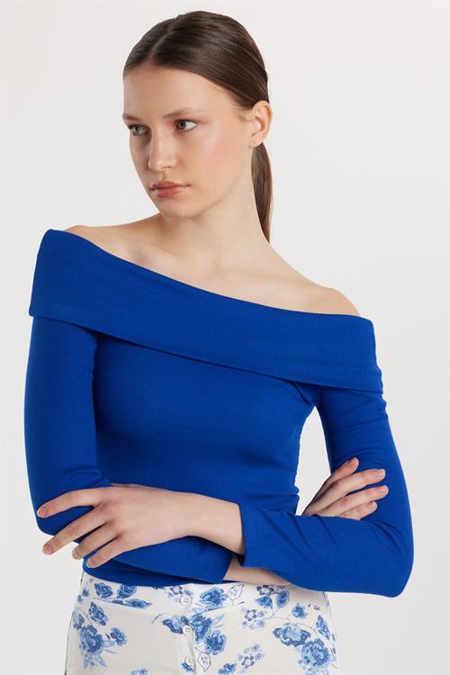Kadın Slim Fit Modal Kumaş Düz Pamuklu Straplez Mavi Bluz