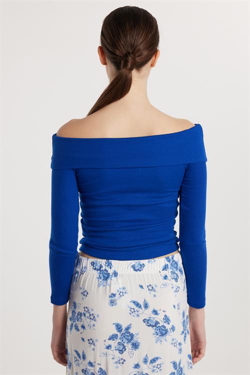 Kadın Slim Fit Modal Kumaş Düz Pamuklu Straplez Mavi Bluz