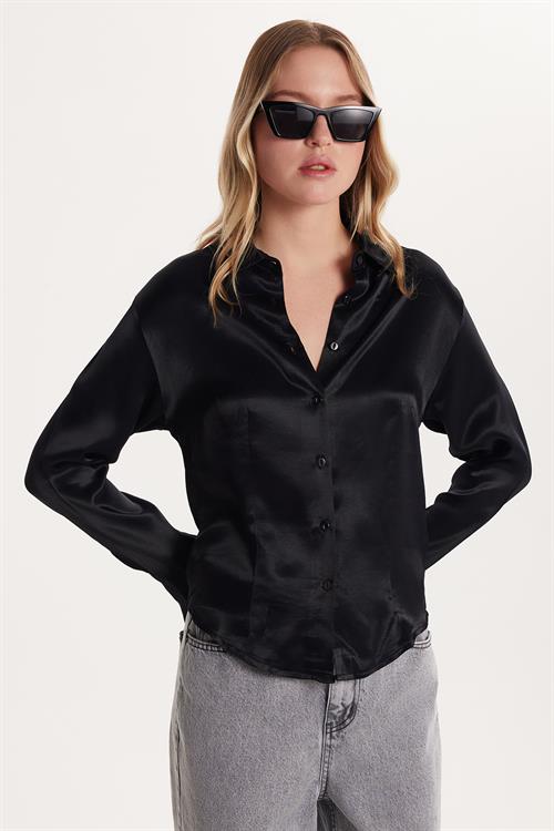 Kadın Slim Fit Dar Kesim Uzun Kollu Klasik Yaka Saten Siyah Gömlek