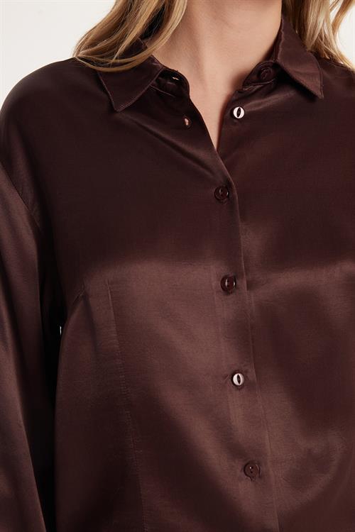 Kadın Slim Fit Dar Kesim Uzun Kollu Klasik Yaka Saten Kahverengi Gömlek