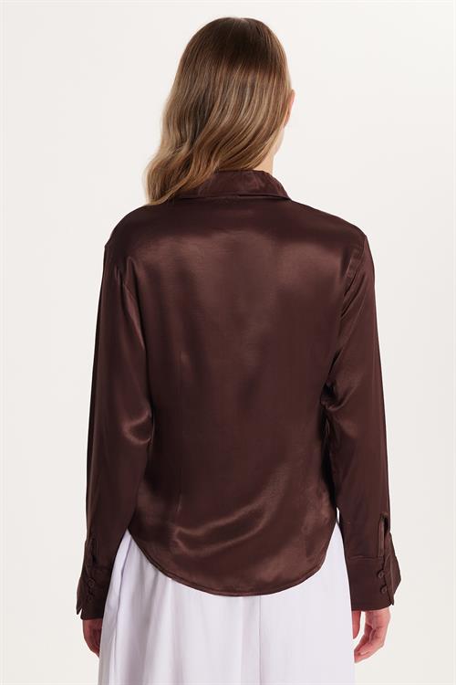 Kadın Slim Fit Dar Kesim Uzun Kollu Klasik Yaka Saten Kahverengi Gömlek