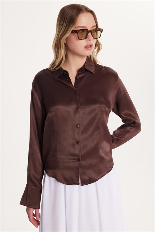 Kadın Slim Fit Dar Kesim Uzun Kollu Klasik Yaka Saten Kahverengi Gömlek