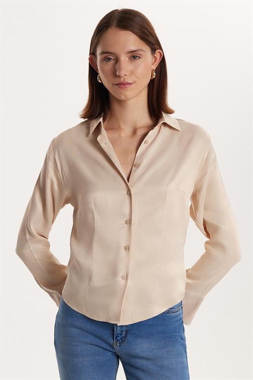 Kadın Slim Fit Dar Kesim Uzun Kollu Klasik Yaka Saten Taş Rengi Gömlek