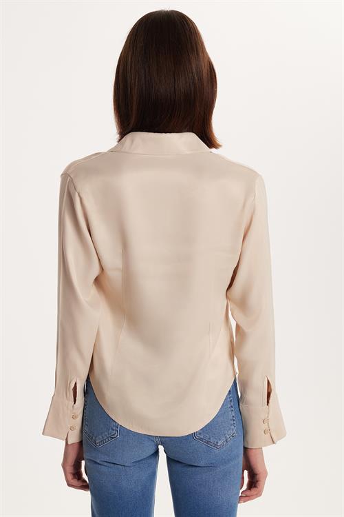 Kadın Slim Fit Dar Kesim Uzun Kollu Klasik Yaka Saten Taş Rengi Gömlek