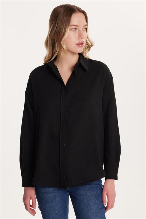 Kadın Slim Fit Dar Kesim Uzun Kollu Klasik Yaka Siyah Gömlek