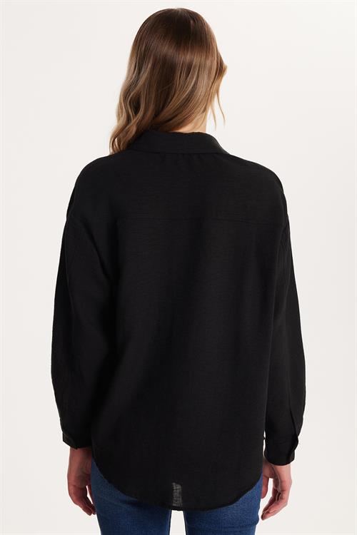 Kadın Slim Fit Dar Kesim Uzun Kollu Klasik Yaka Siyah Gömlek