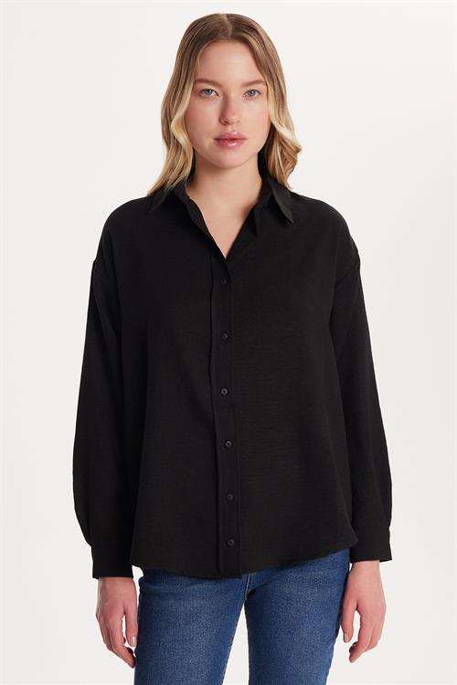 Kadın Slim Fit Dar Kesim Uzun Kollu Klasik Yaka Siyah Gömlek