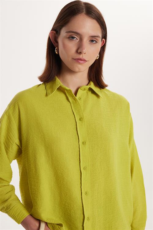 Kadın Slim Fit Dar Kesim Uzun Kollu Klasik Yaka Yeşil Gömlek