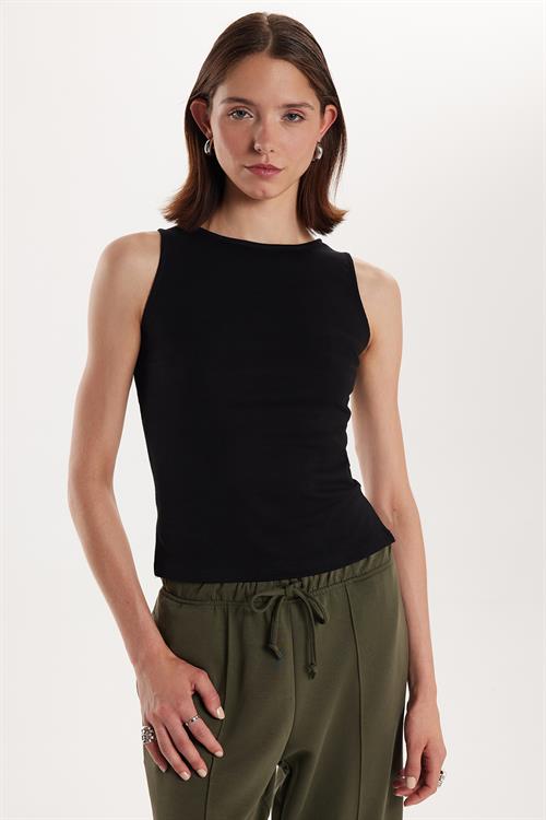 Kadın Modal Kumaş Slim Fit Dar Kesim Bisiklet Yaka Düz Basic Siyah Bluz