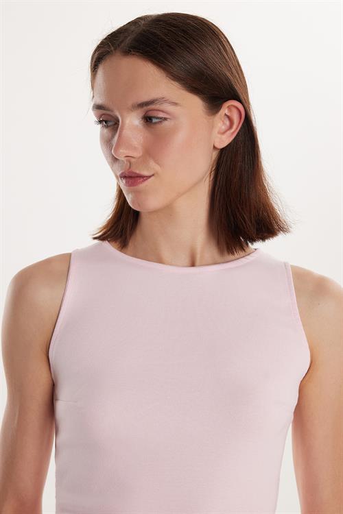 Kadın Modal Kumaş Slim Fit Dar Kesim Bisiklet Yaka Düz Basic Pembe Bluz