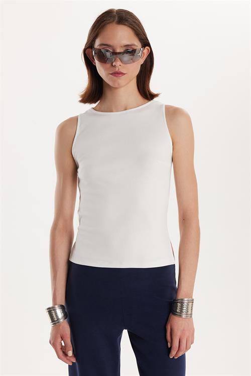 Kadın Modal Kumaş Slim Fit Dar Kesim Bisiklet Yaka Düz Basic Ekru Bluz